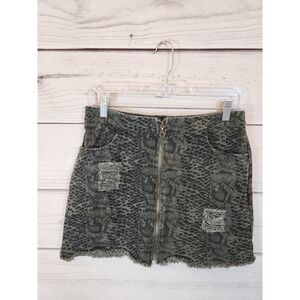 She+Sky Women's Olive Green Snake Print Distressed Front Zip Mini‎ Skirt M